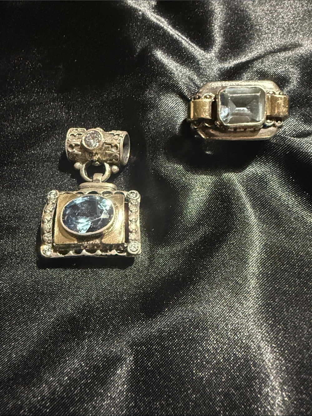 Vintage Artisan Sterling Silver & Gold Blue Topaz Ring & Pendant Necklace Set